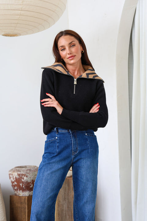 Zebrana Zip Knit Black