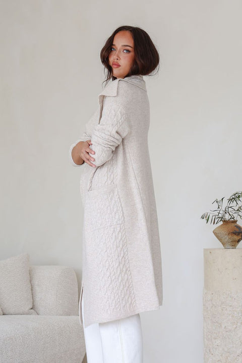 Cable Long Knit Cardigan Beige