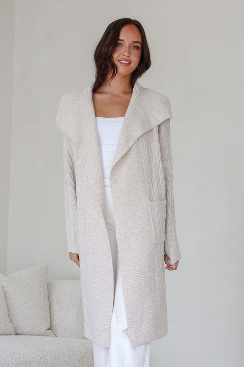 Cable Long Knit Cardigan Beige