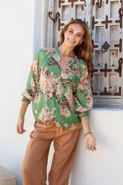 French Flower Blouse Green