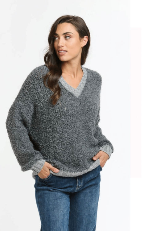 Boucle V Neck Lurex Knit Charcoal