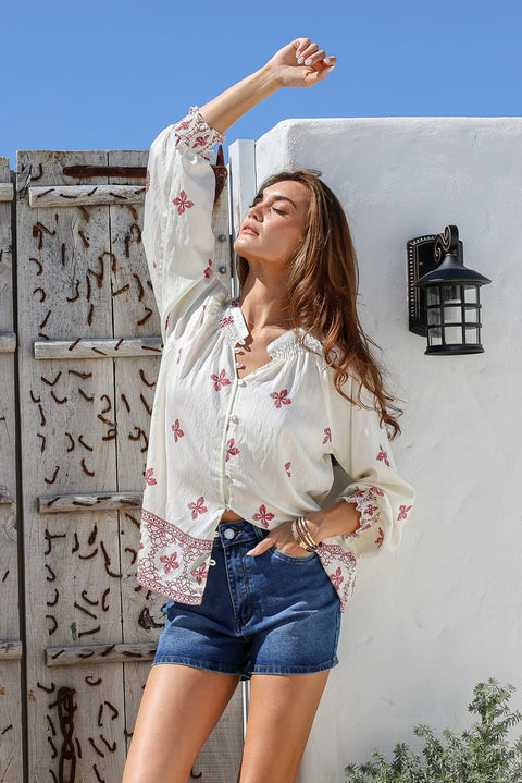 Luna Shirred Cuff Blouse Cream