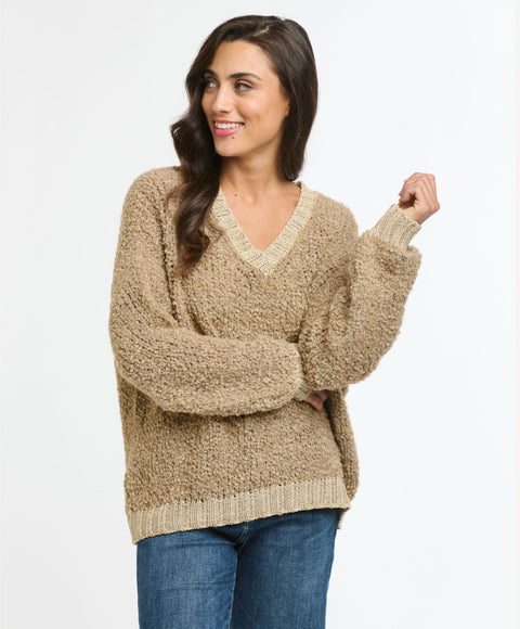 Boucle Lurex V Neck Knit Camel