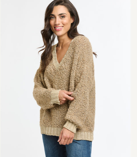 Boucle Lurex V Neck Knit Camel