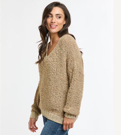 Boucle Lurex V Neck Knit Camel