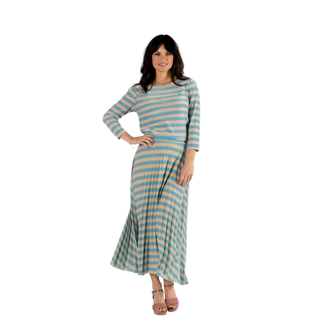 Lurex Stripe Pleat Skirt Beige/Sky