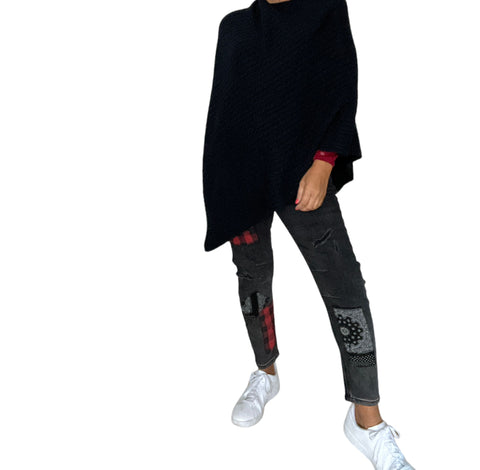 Milana Plush Cable Poncho Black