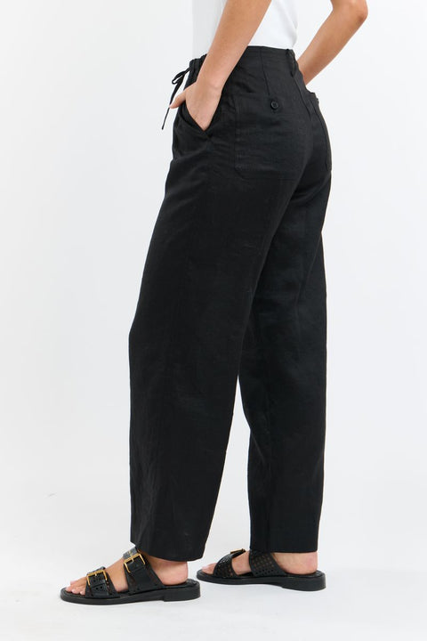 Perry Drawcord Linen Pant Black