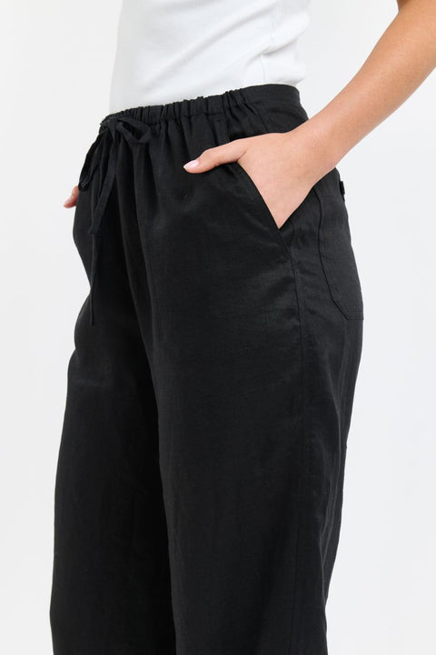 Perry Drawcord Linen Pant Black