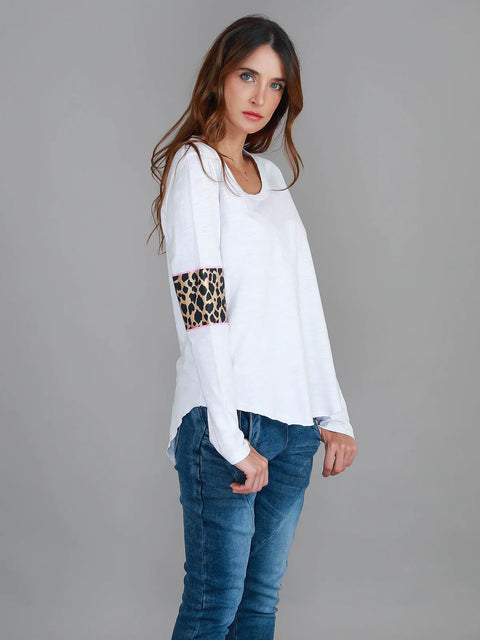 Shirley Leopard Trim Cotton Long Sleeve Tee