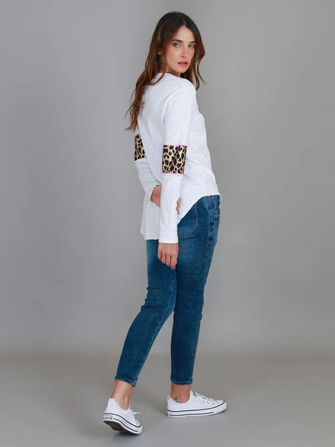 Shirley Leopard Trim Cotton Long Sleeve Tee