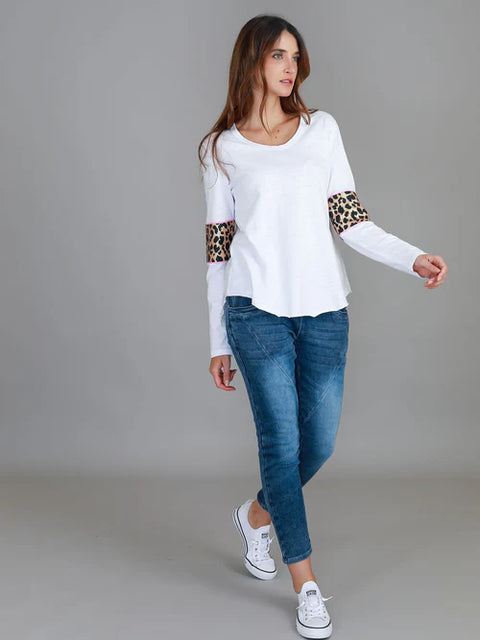 Shirley Leopard Trim Cotton Long Sleeve Tee