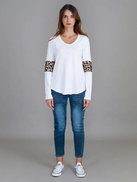 Shirley Leopard Trim Cotton Long Sleeve Tee