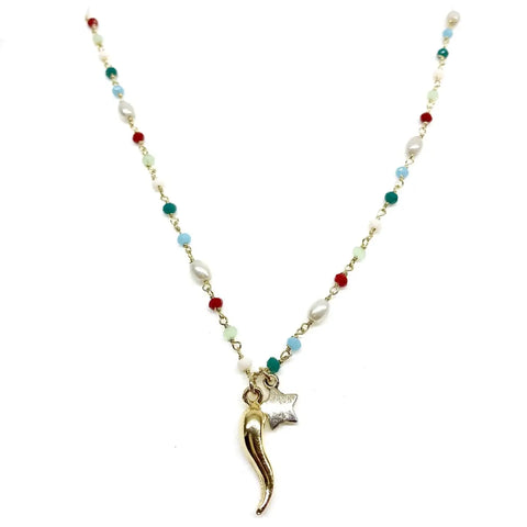 Multi Colored Bead Necklace with Gold Chilly