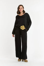Lurex Trim V Neck Top Black
