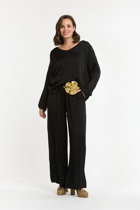 Lurex Trim V Neck Top Black