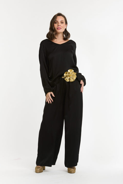 Lurex Trim V Neck Top Black