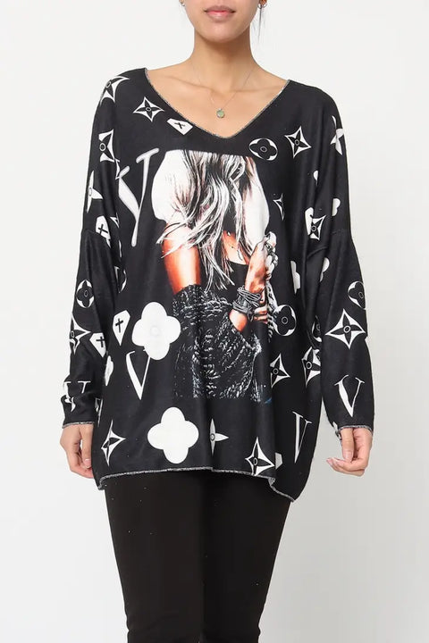 Love Girl V Neck Knit Black