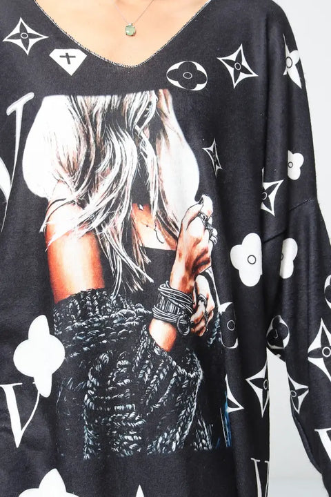 Love Girl V Neck Knit Black