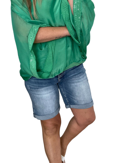 Roma Silk Batwing Top Emerald