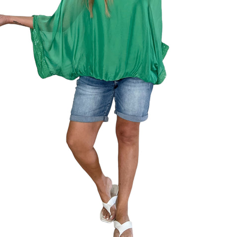 Roma Silk Batwing Top Emerald