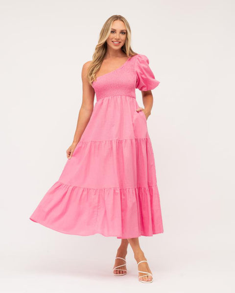 One Shoulder Peasant Midi Dress Pink