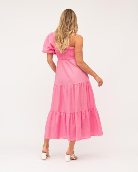 One Shoulder Peasant Midi Dress Pink